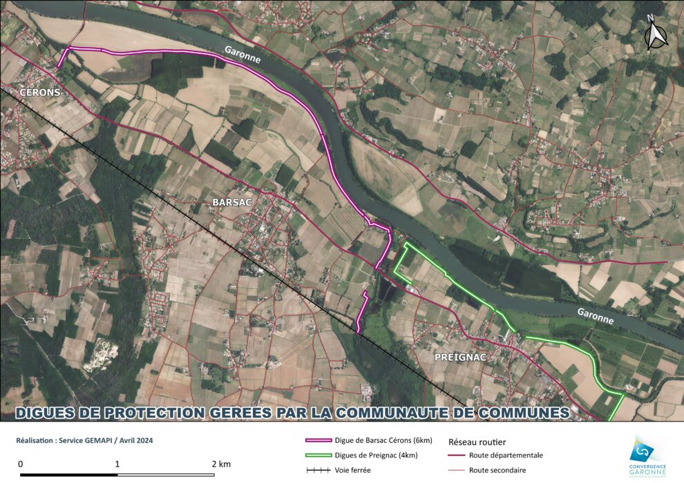 carte des digues de protection gérées par la communauté de communes de Convergence Garonne
