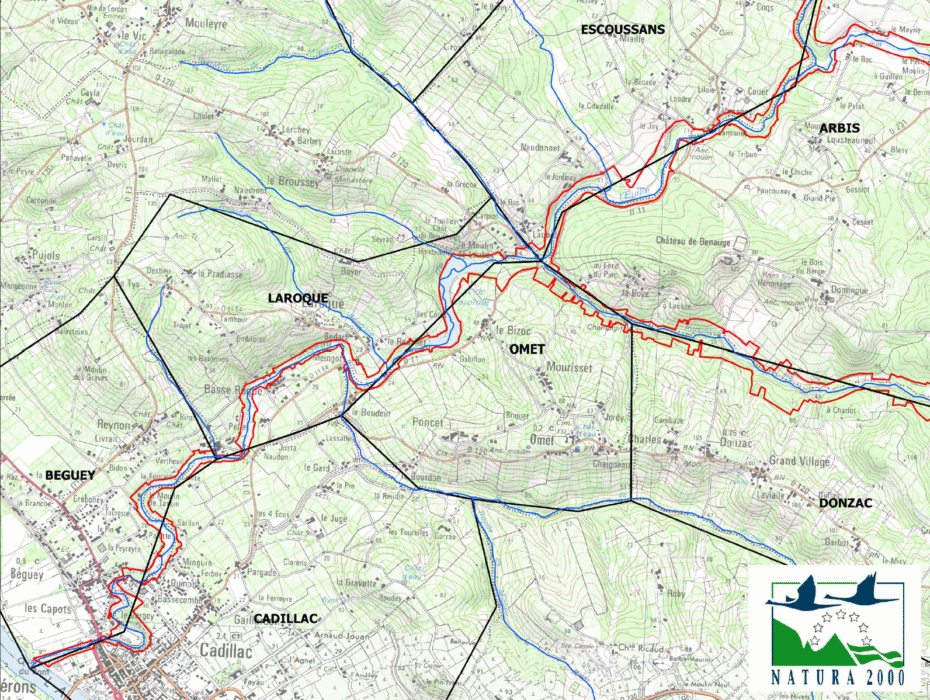 Carte extraite du document d'objectifs de la zone Natura 2000. La carte représente le zonage de la zone naturelle d'intérêt écologique floristique et faunistique. Ce zonage natura 2000 suit la rivière Euille le long des communes de Arbis, Laroque, Omet, Béguey et Cadillac jusqu'à l'embouchure de la rivière à la Garonne