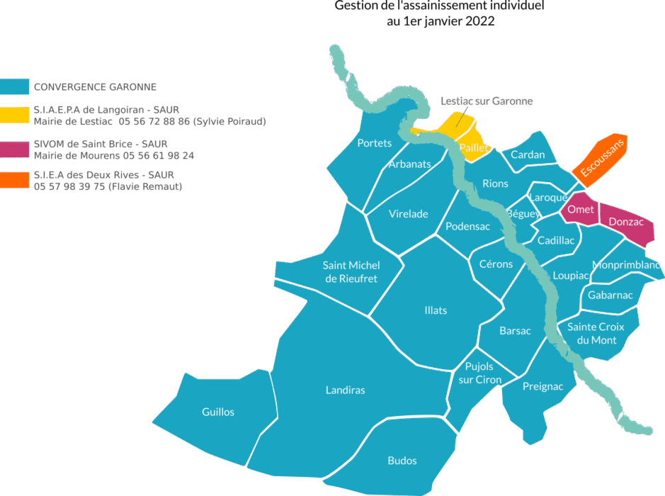 Carte reprenant la gestion de l'assainissement individuel sur le territoire de Convergence Garonne depuis le premier janvier 2022
