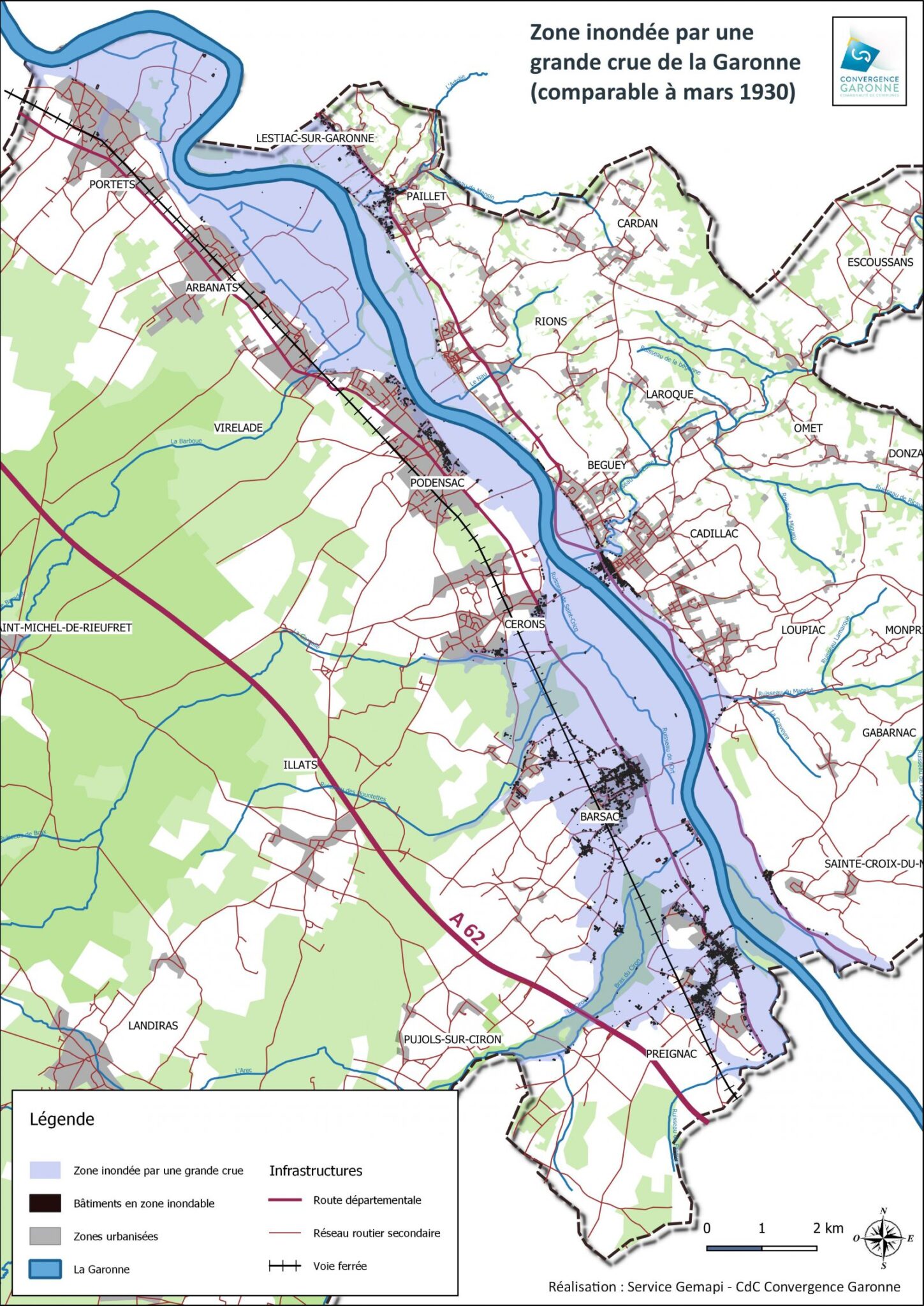 carte de la zone inondée par la Garonne en 1930