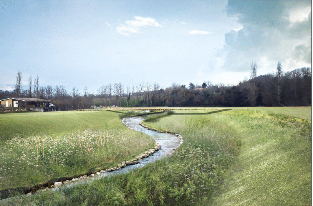 Photomontage du potentiel d'évolution du site sur la partie avale devant le restaurant. Ce photomontage montre la rivière Euille s'écoulant librement devant le restaurant et passant sous une passerelle qui permettrait à terme un départ de sentier de découverte du site.