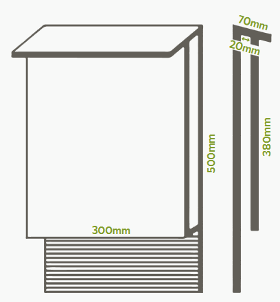 Plan d'un gîte à chauves souris avec les dimensions à respecter. Longueur totale 50 centimètres, largeur 30 centimètres, espace intérieur de la chambre 2 centimètres. La face intérieur doit être rainurée pour une meilleure fixation des individus.