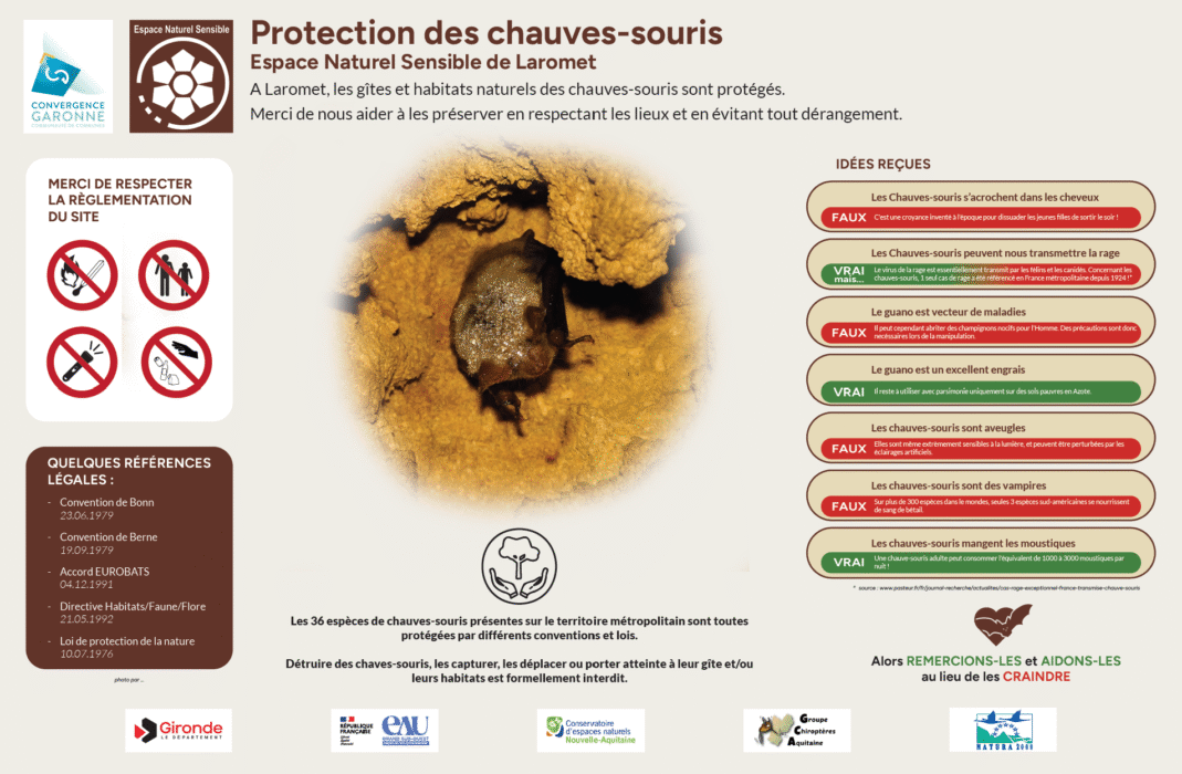 Image d'un panneau de protéger d'une cavité à chauves souris implanté sur le site de Laromet. Le panneau reprend les status de protection des espèces et cassent certaines idées reçues comme la transmission de la rage ou encore le caractère vampirique complètement inexistant en France et en Europe. Les logos des partenaires de cette protection comme le Département, l'Agence de l'eau, le conservatoires des espaces naturels ou encore le groupe chiroptères aquitaine sont également apposés sur ce panneau. Aidons les chauves souris et remercions les au lieu de les craindre. 