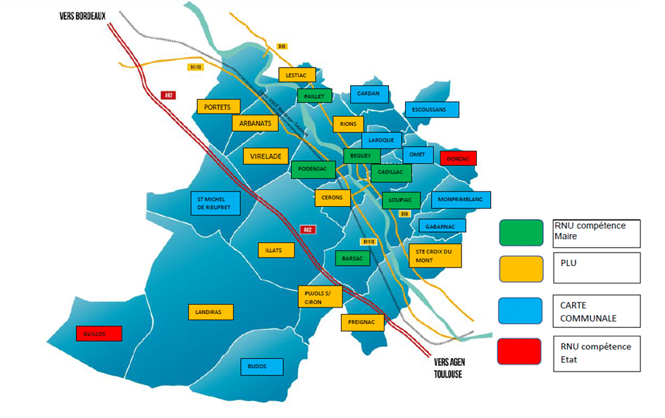Les communes de Paillet, Béguey, Cadillac sur Garonne, Podensac, Loupiac et Barsac sont régies par le Règlement National d'Urbanisme (compétence Maire). Les communes de Cardan, Escoussans, Laroque, Omet, Monprimblanc, Gabarnac et Saint Michel de Rieufret ont une carte communale. Les communes de Lestiac, Portets, Arbanats, Virelade, Rions, Cérons, Sainte Croix du Mont, Illats, Pujols sur Ciron, Preignac et Landiras ont un Plan Local d'Urbanisme. Les communes de Donzac et Guillos sont régies par le Règlement National d'Urbanisme (compétence Préfet).