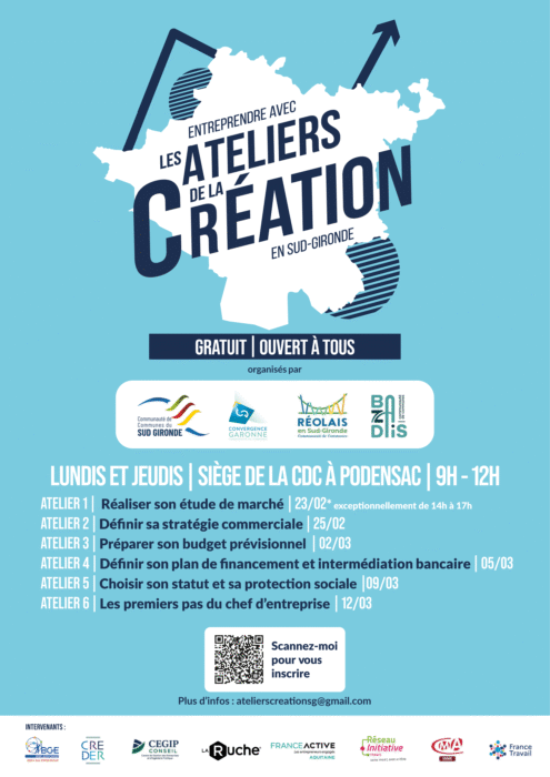 Les atelier de la création en sud Gironde, gratuit et ouvert à tous.
Les lundis et jeudis à la CDC de Podensac de 9h à 12h.
Atelier 1 (le 23/02 exceptionnellement de 14h à 17h) : Réaliser son étude de marché.
Atelier 2 (le 25/02): Définir sa stratégie commerciale.
Atelier 3 (le 2/03) : Préparer son budget prévisionnel.
Atelier 4 (le 5/03) : Définir son plan de financement et intermédiation bancaire.
Atelier 5 (le 9/03) : Choisir son statut et sa protection sociale.
Atelier 6 (le 12/03) : Les premier pas d'un chef d'entreprise.
